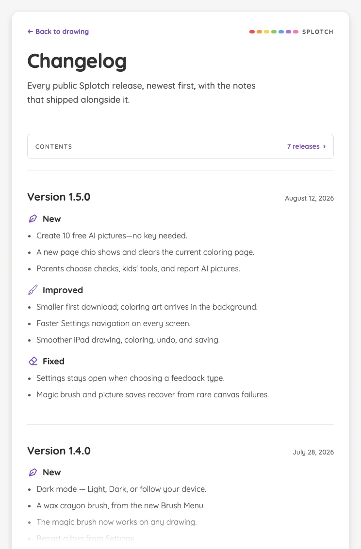 Changelog in light mode at iPad mini 7th Gen (2024) in portrait