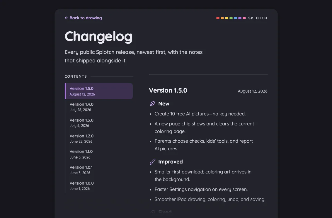 Changelog in night mode at iPad mini 7th Gen (2024) in landscape