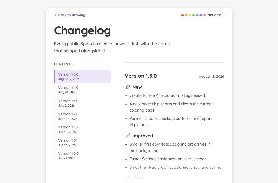 Changelog in light mode at iPad mini 7th Gen (2024) in landscape
