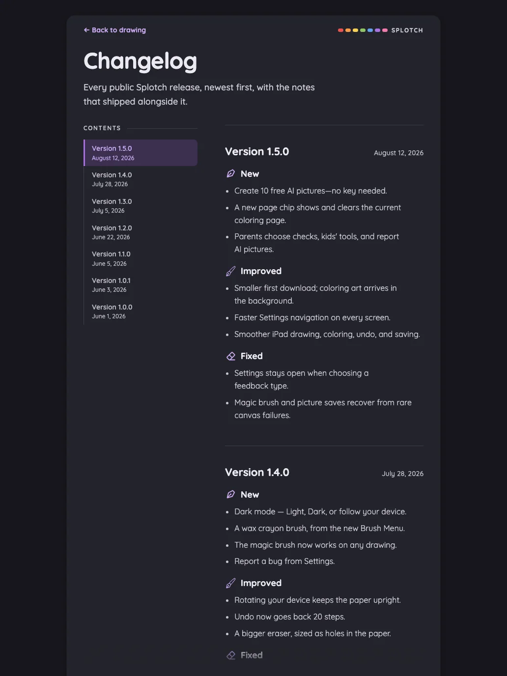Changelog in night mode at iPad Pro 13-inch (M4) in portrait