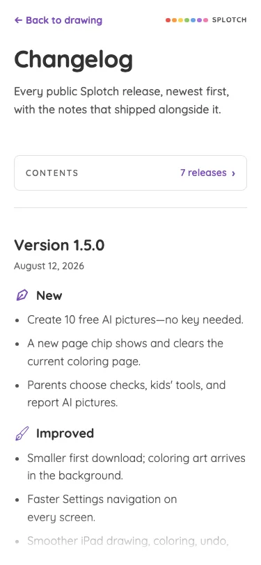 Changelog in light mode at iPhone 13 mini in portrait