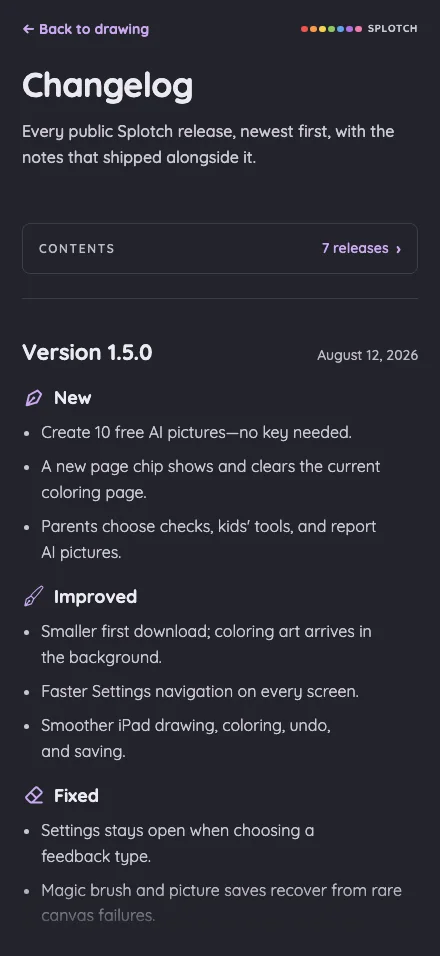 Changelog in night mode at iPhone 16 Pro Max in portrait