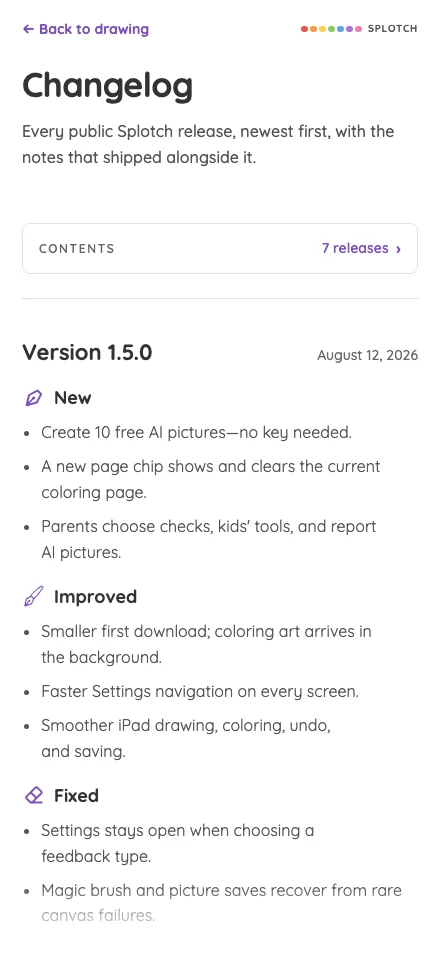 Changelog in light mode at iPhone 16 Pro Max in portrait