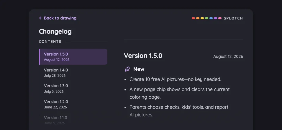 Changelog in night mode at iPhone 16 Pro Max in landscape