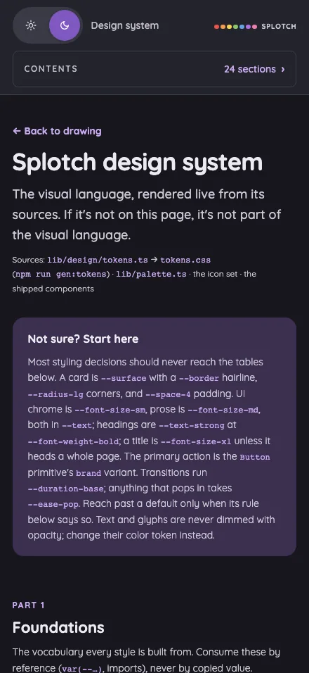 Design system in night mode at iPhone 16 Pro Max in portrait