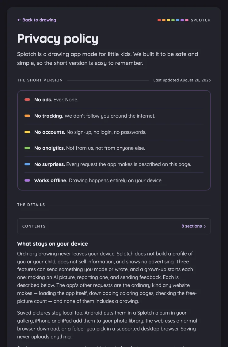 Privacy policy in night mode at iPad mini 7th Gen (2024) in portrait