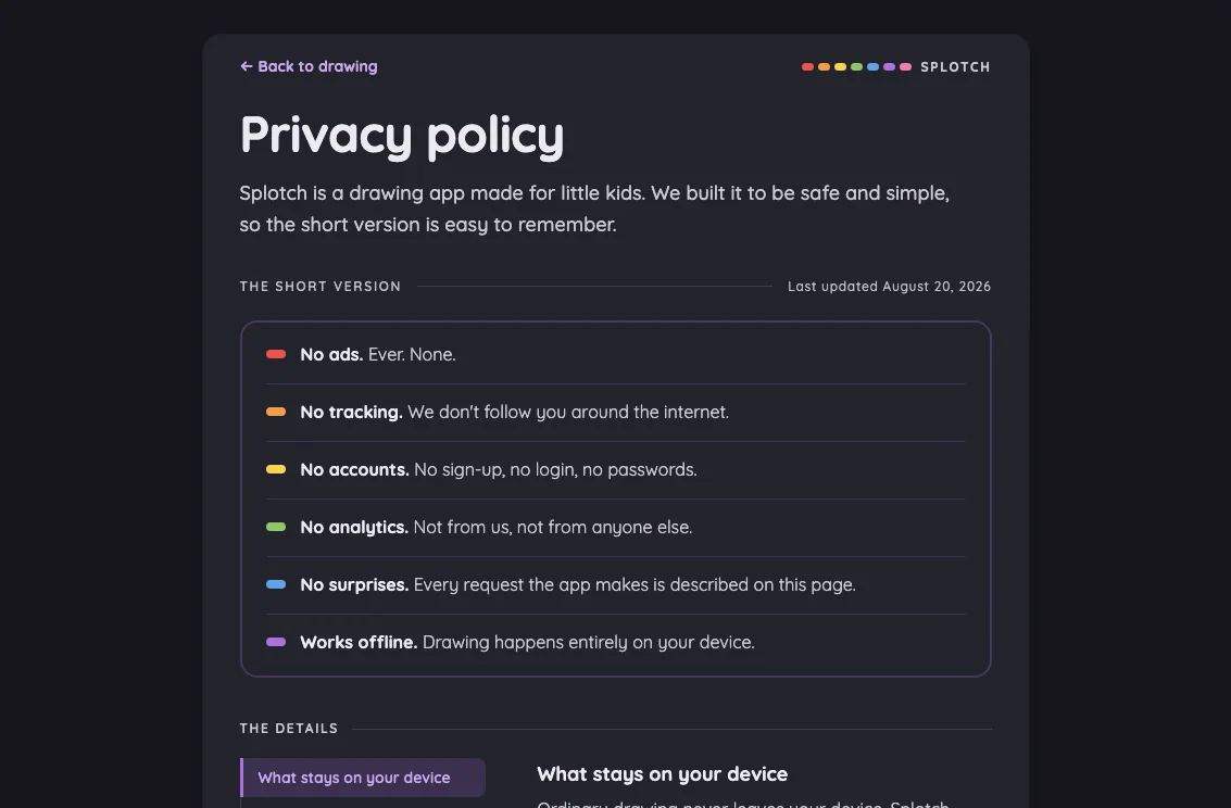 Privacy policy in night mode at iPad mini 7th Gen (2024) in landscape