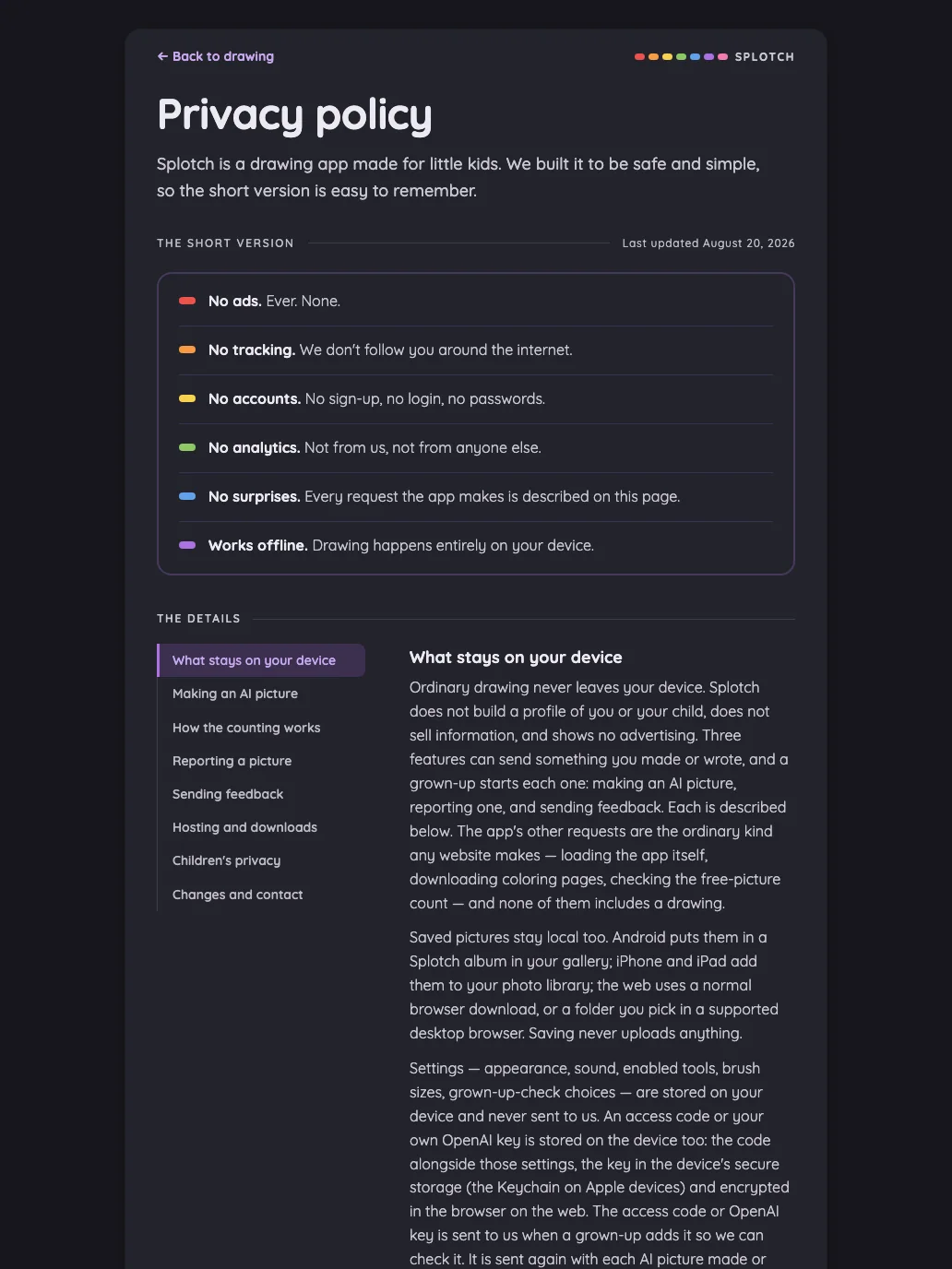 Privacy policy in night mode at iPad Pro 13-inch (M4) in portrait