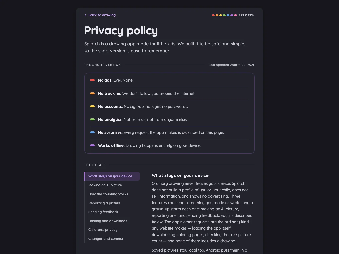 Privacy policy in night mode at iPad Pro 13-inch (M4) in landscape