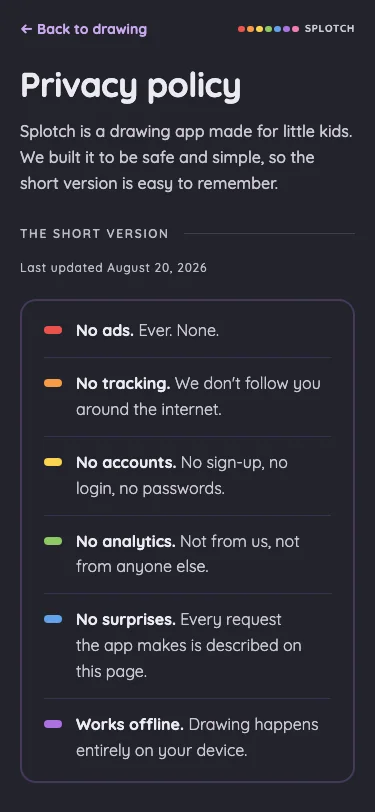 Privacy policy in night mode at iPhone 13 mini in portrait
