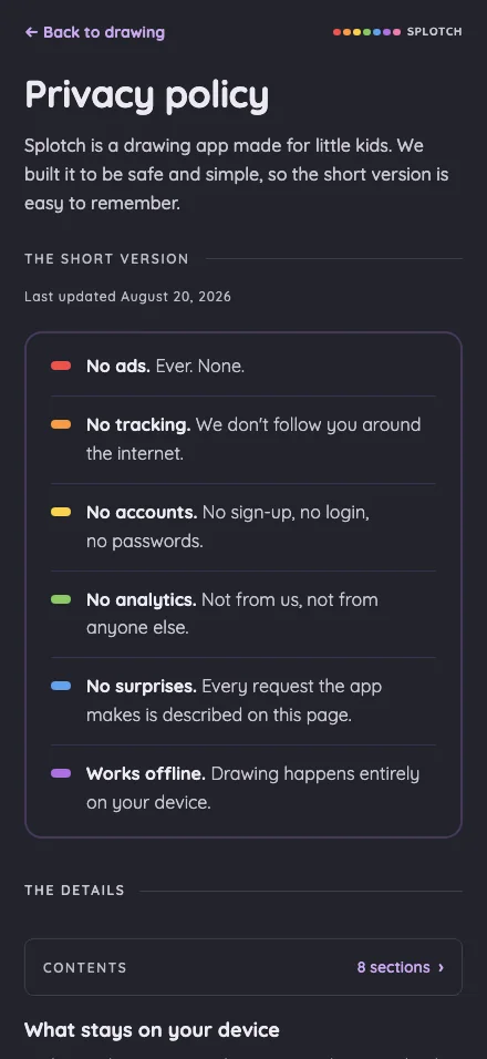 Privacy policy in night mode at iPhone 16 Pro Max in portrait