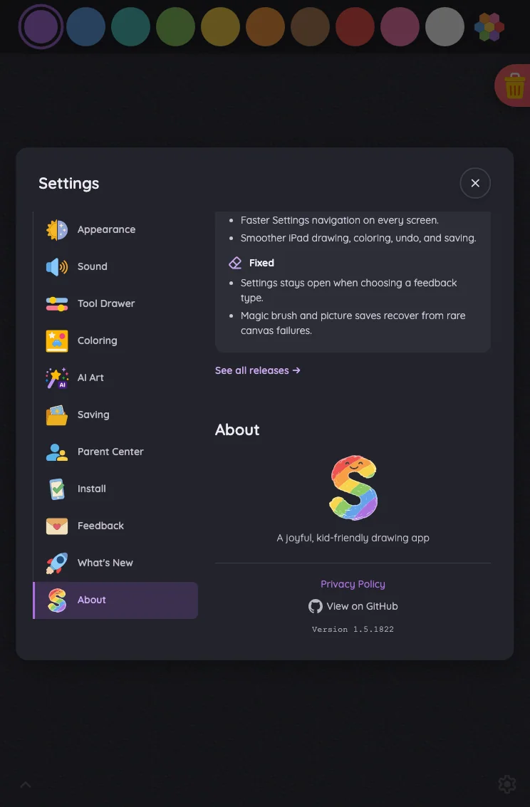 Settings · About in night mode at iPad mini 7th Gen (2024) in portrait