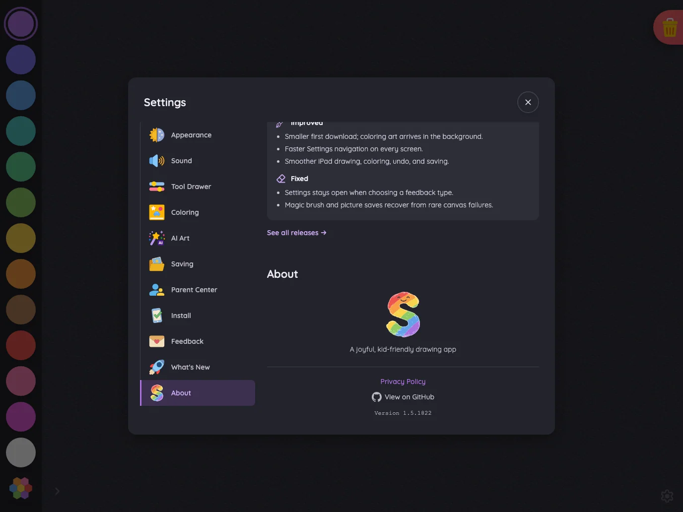 Settings · About in night mode at iPad Pro 13-inch (M4) in landscape