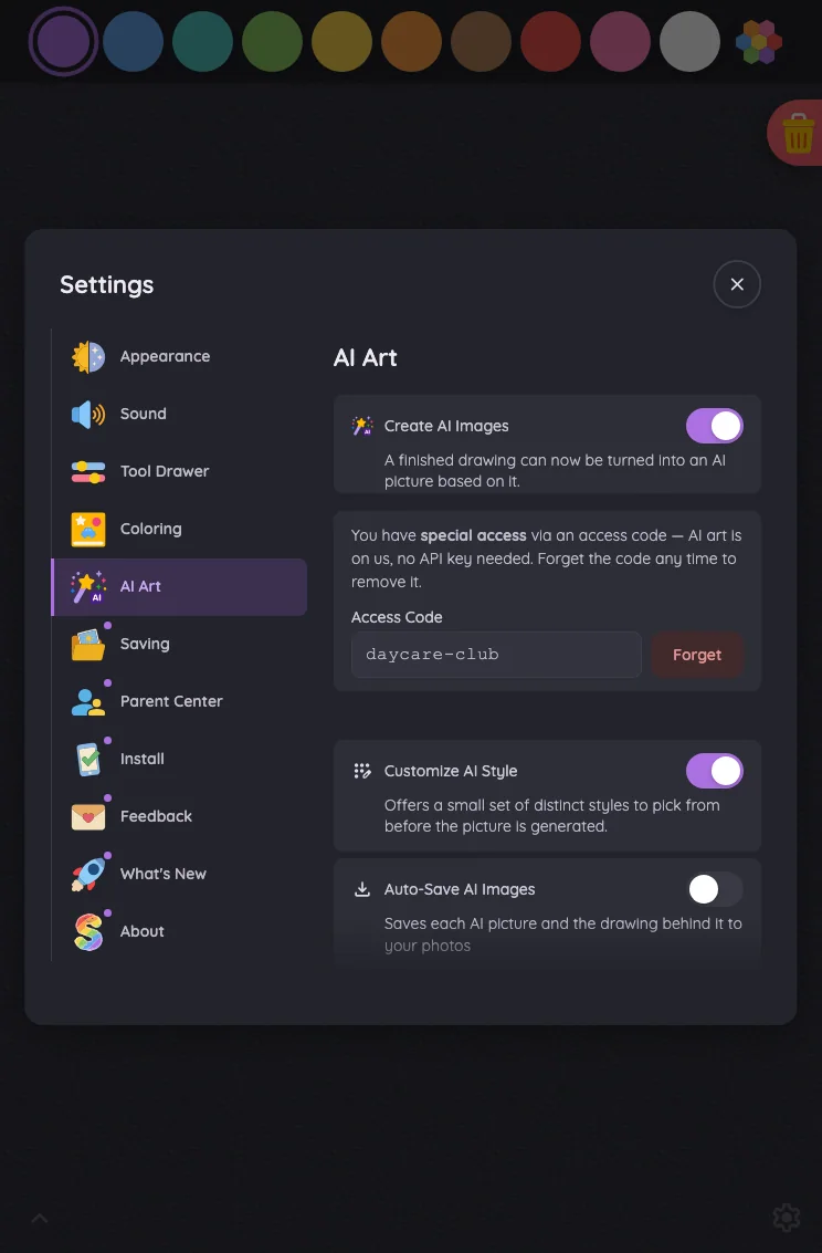 Settings · AI Art in night mode at iPad mini 7th Gen (2024) in portrait