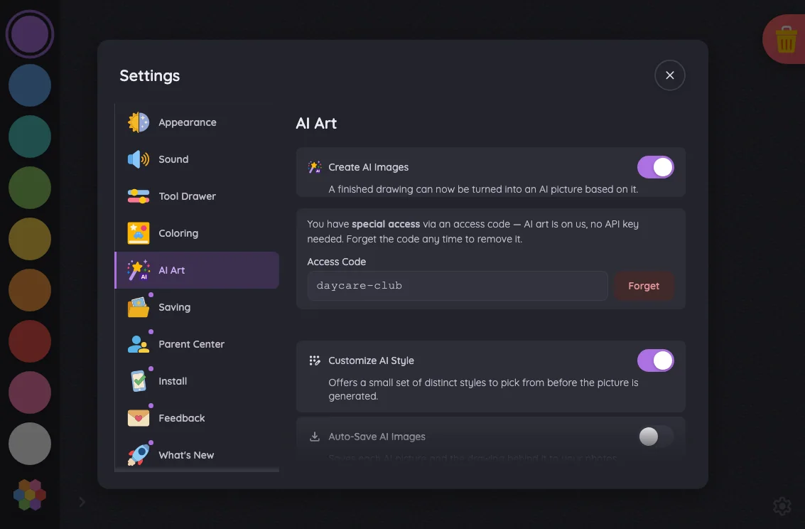 Settings · AI Art in night mode at iPad mini 7th Gen (2024) in landscape