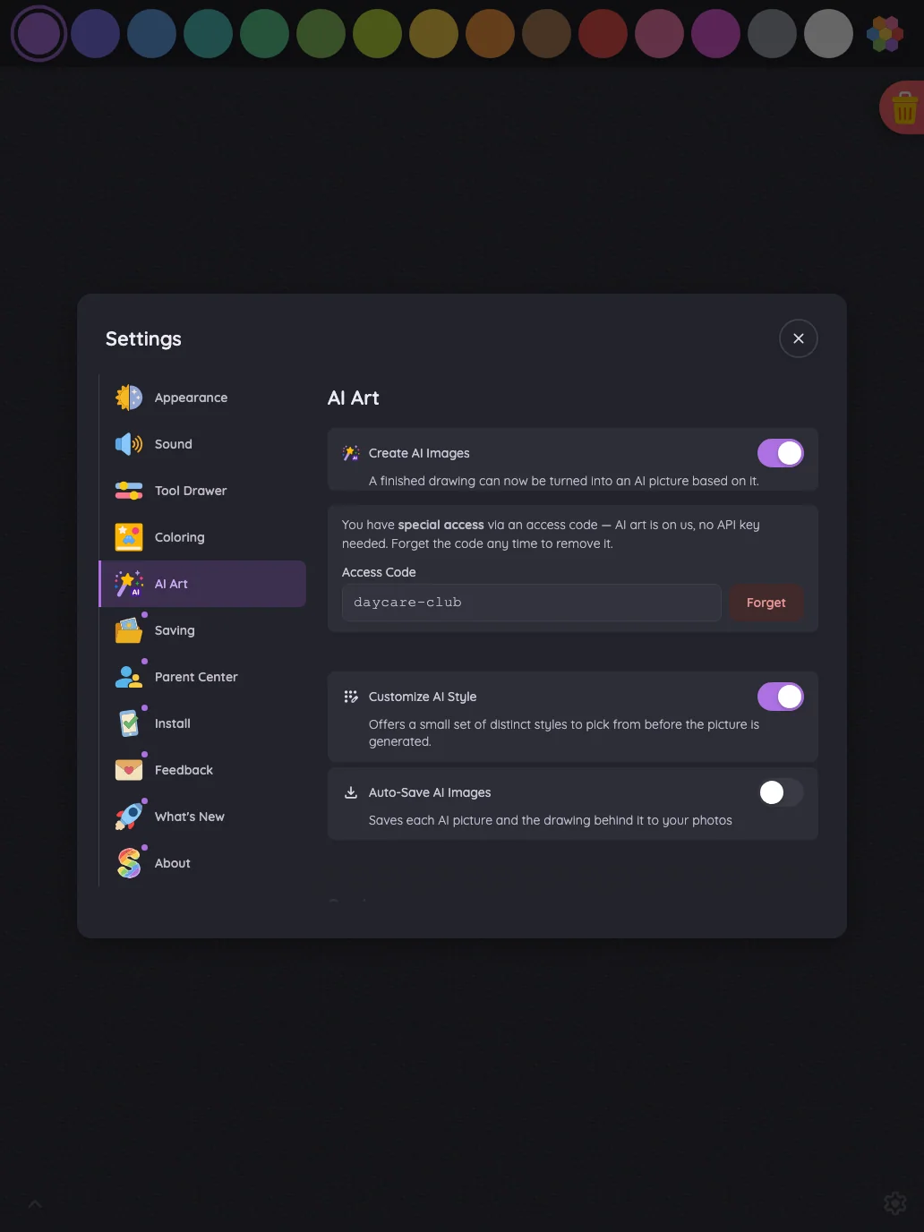 Settings · AI Art in night mode at iPad Pro 13-inch (M4) in portrait
