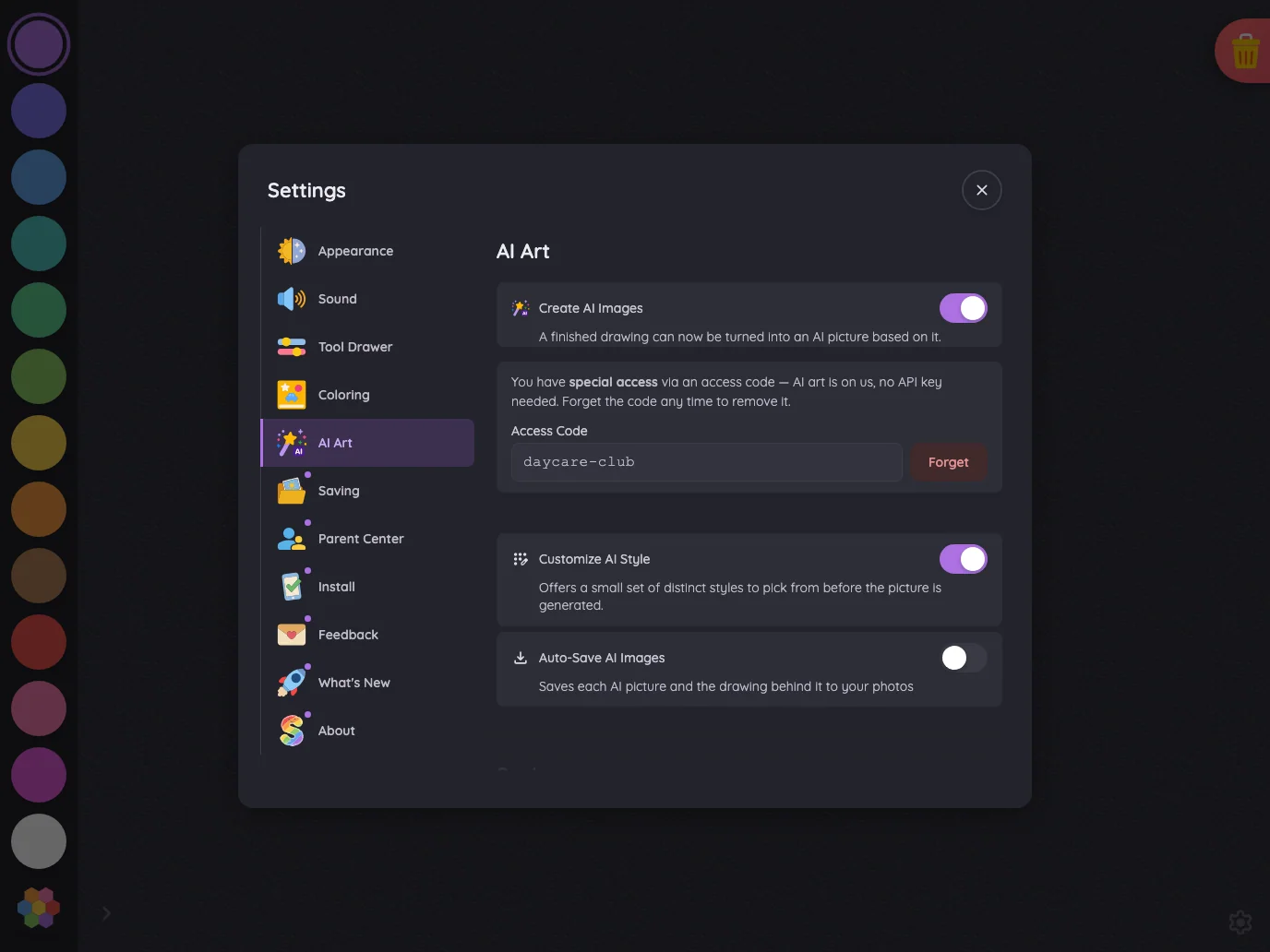 Settings · AI Art in night mode at iPad Pro 13-inch (M4) in landscape