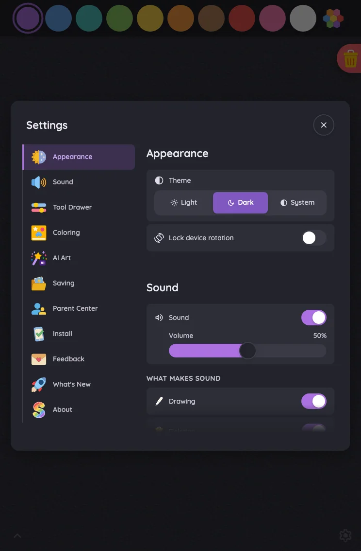 Settings · Appearance in night mode at iPad mini 7th Gen (2024) in portrait