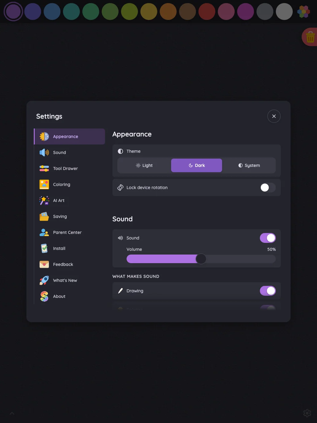 Settings · Appearance in night mode at iPad Pro 13-inch (M4) in portrait