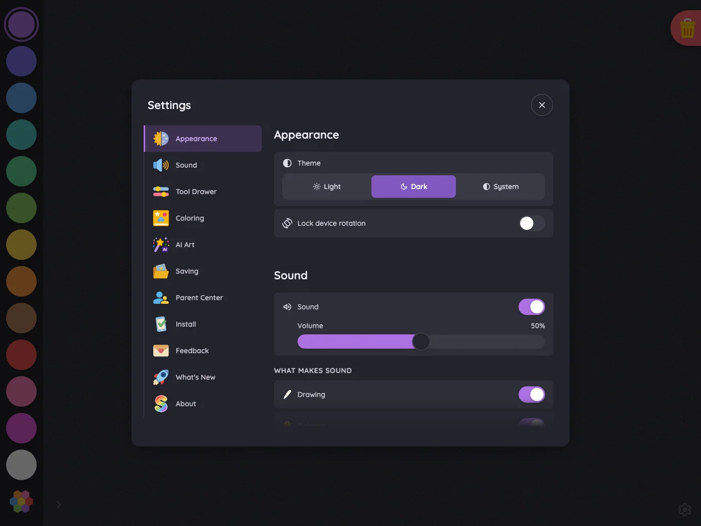 Settings · Appearance in night mode at iPad Pro 13-inch (M4) in landscape