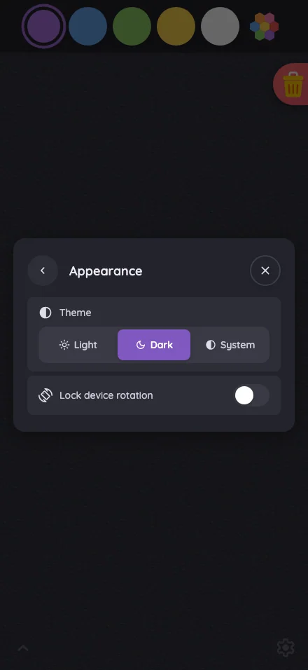 Settings · Appearance in night mode at iPhone 16 Pro Max in portrait