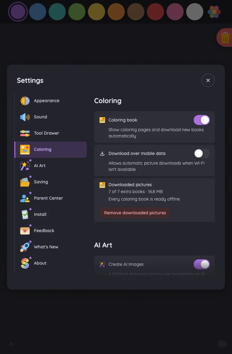 Settings · Coloring in night mode at iPad mini 7th Gen (2024) in portrait