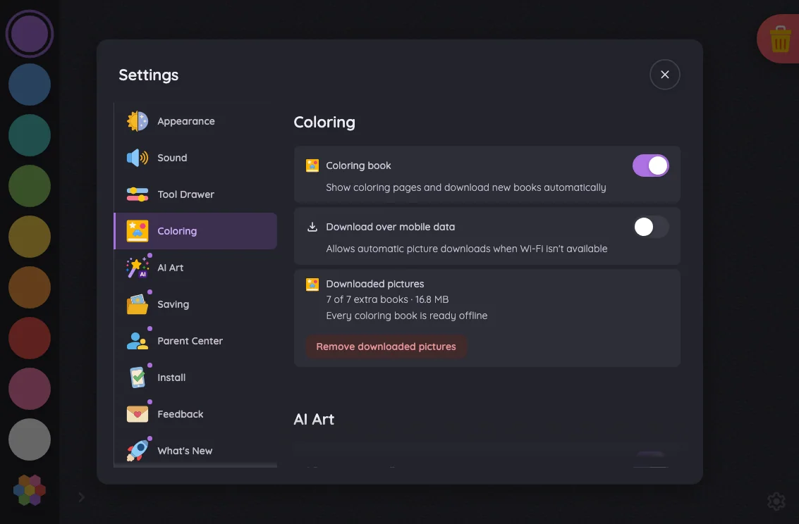 Settings · Coloring in night mode at iPad mini 7th Gen (2024) in landscape