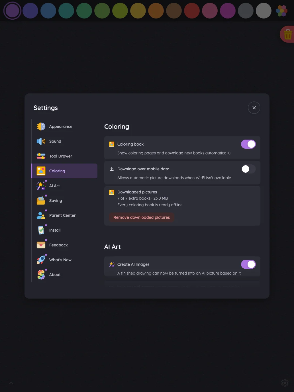 Settings · Coloring in night mode at iPad Pro 13-inch (M4) in portrait