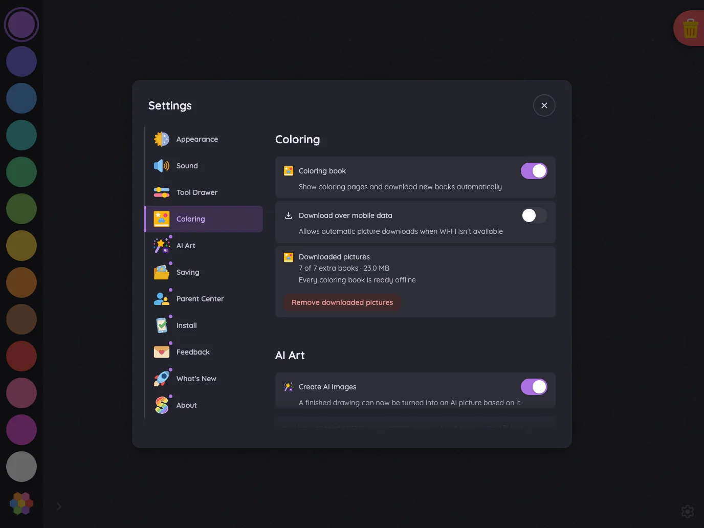 Settings · Coloring in night mode at iPad Pro 13-inch (M4) in landscape