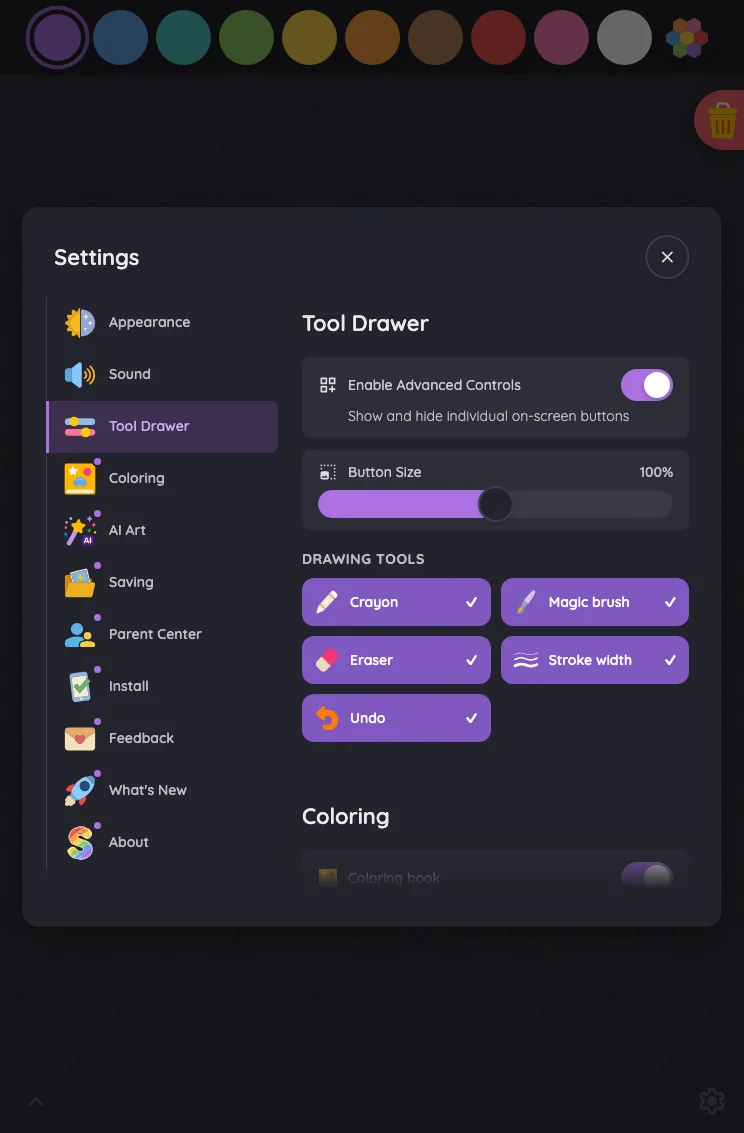 Settings · Tool Drawer in night mode at iPad mini 7th Gen (2024) in portrait