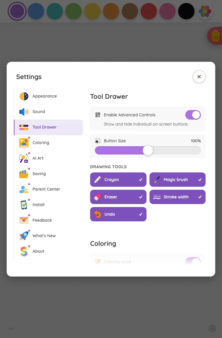 Settings · Tool Drawer in light mode at iPad mini 7th Gen (2024) in portrait