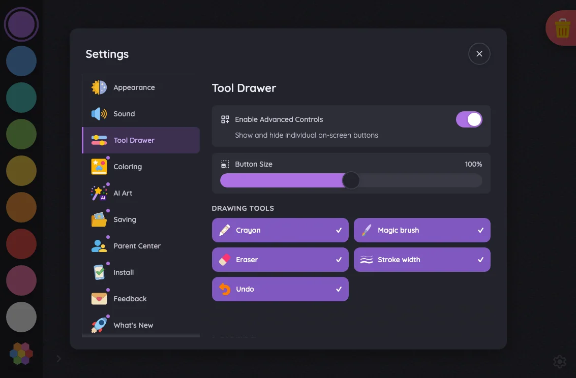 Settings · Tool Drawer in night mode at iPad mini 7th Gen (2024) in landscape