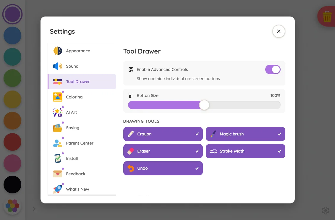 Settings · Tool Drawer in light mode at iPad mini 7th Gen (2024) in landscape
