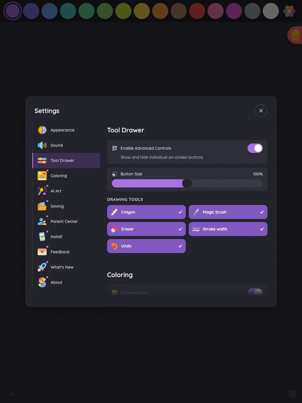 Settings · Tool Drawer in night mode at iPad Pro 13-inch (M4) in portrait