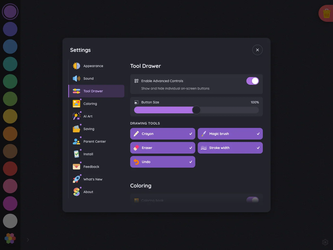 Settings · Tool Drawer in night mode at iPad Pro 13-inch (M4) in landscape