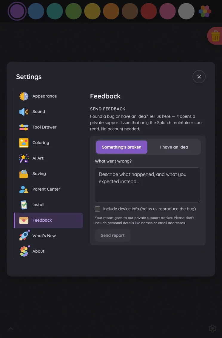 Settings · Feedback in night mode at iPad mini 7th Gen (2024) in portrait