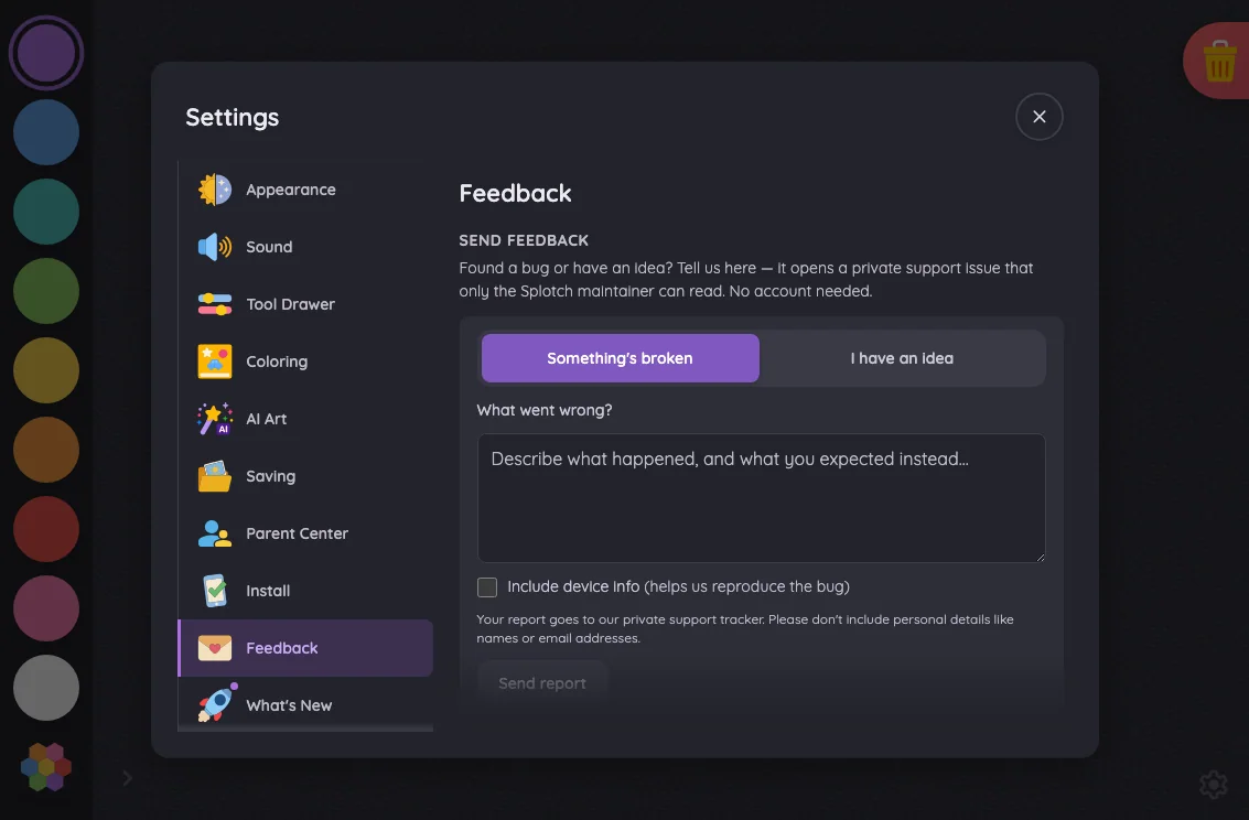 Settings · Feedback in night mode at iPad mini 7th Gen (2024) in landscape