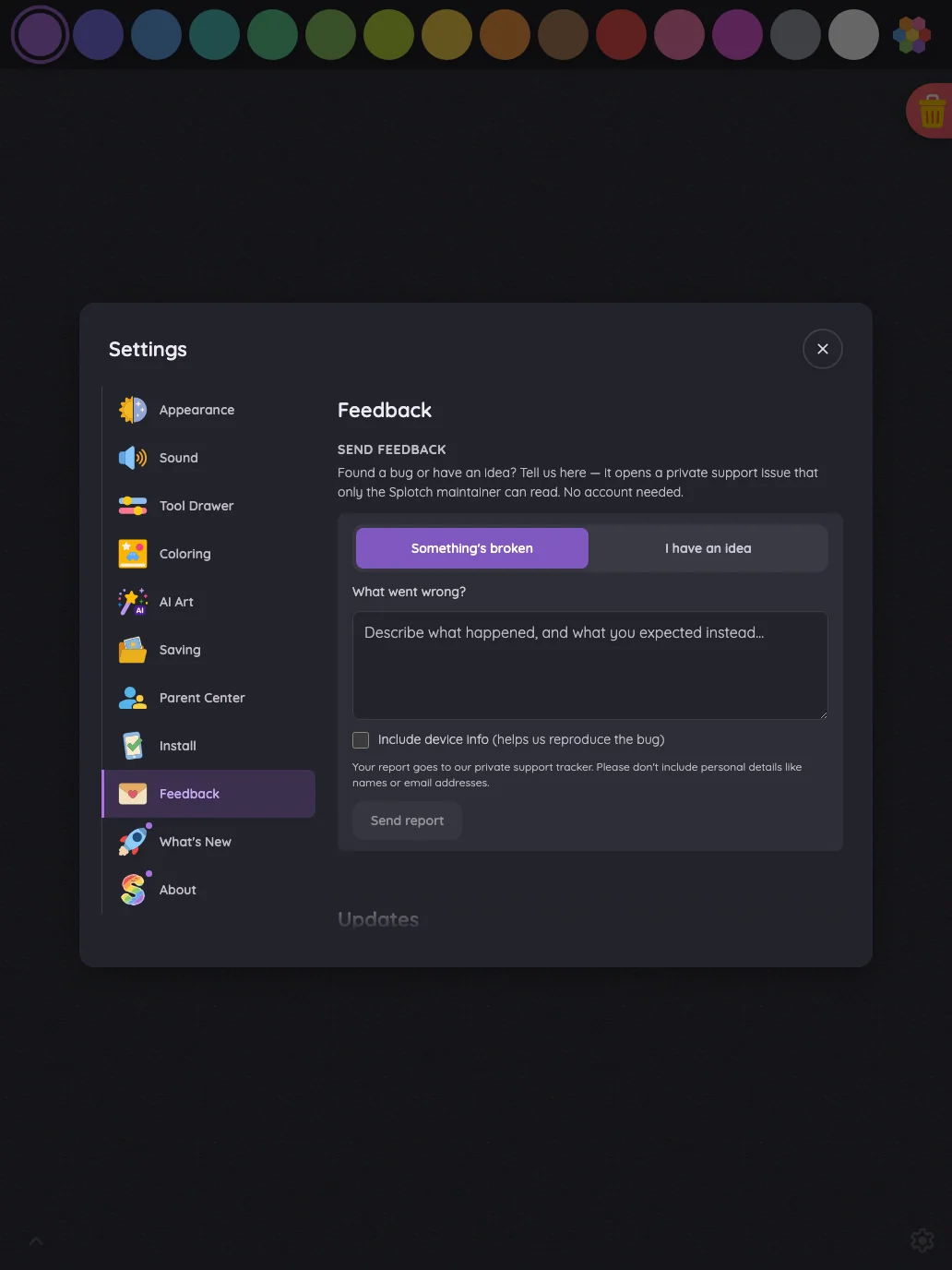 Settings · Feedback in night mode at iPad Pro 13-inch (M4) in portrait