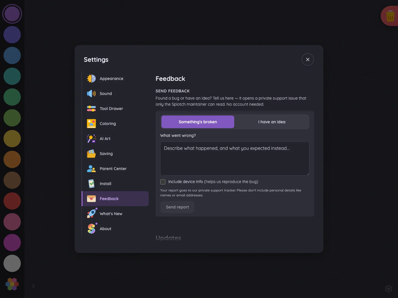 Settings · Feedback in night mode at iPad Pro 13-inch (M4) in landscape