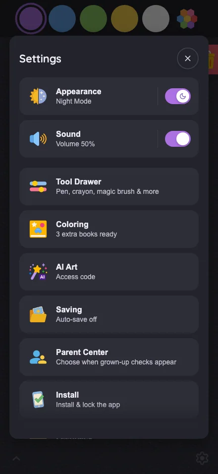 Settings · overview in night mode at iPhone 16 Pro Max in portrait