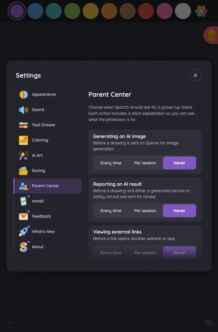 Settings · Parent Center in night mode at iPad mini 7th Gen (2024) in portrait