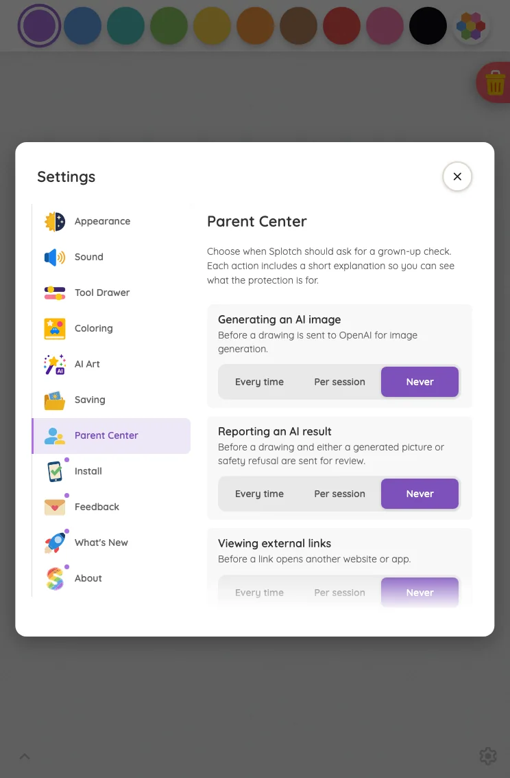 Settings · Parent Center in light mode at iPad mini 7th Gen (2024) in portrait