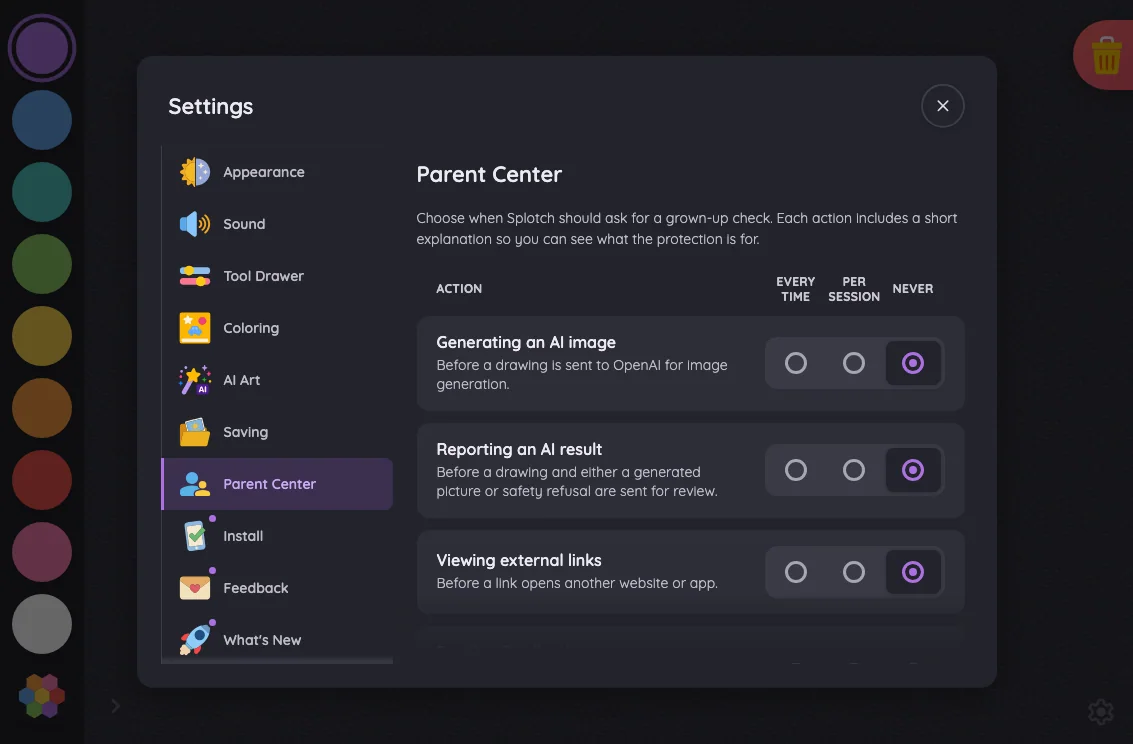 Settings · Parent Center in night mode at iPad mini 7th Gen (2024) in landscape