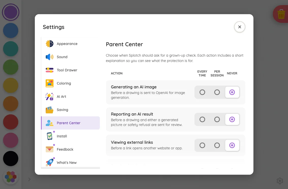 Settings · Parent Center in light mode at iPad mini 7th Gen (2024) in landscape