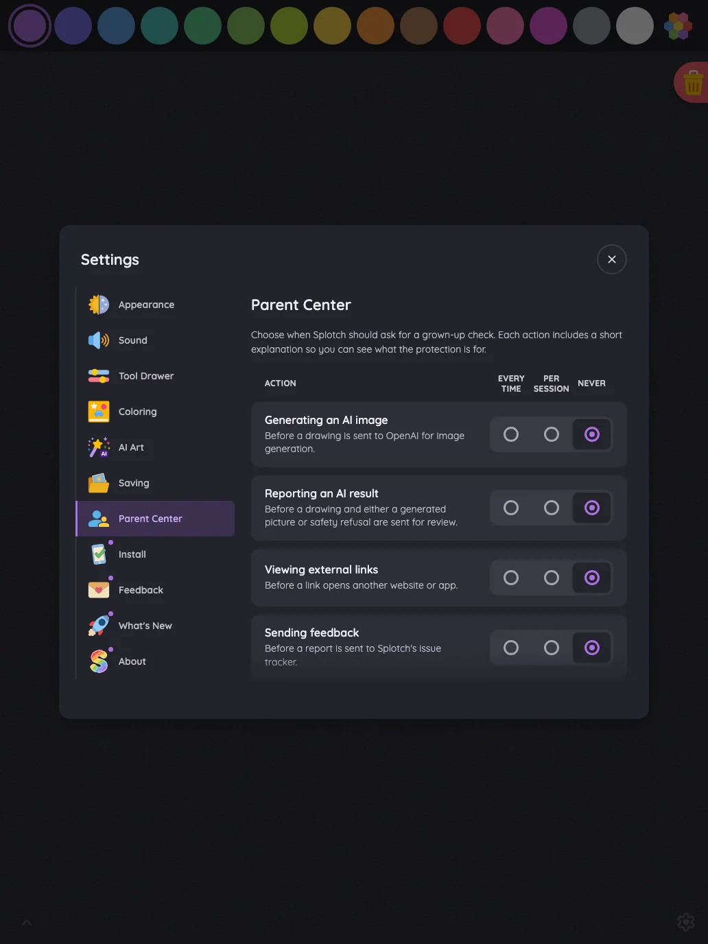 Settings · Parent Center in night mode at iPad Pro 13-inch (M4) in portrait