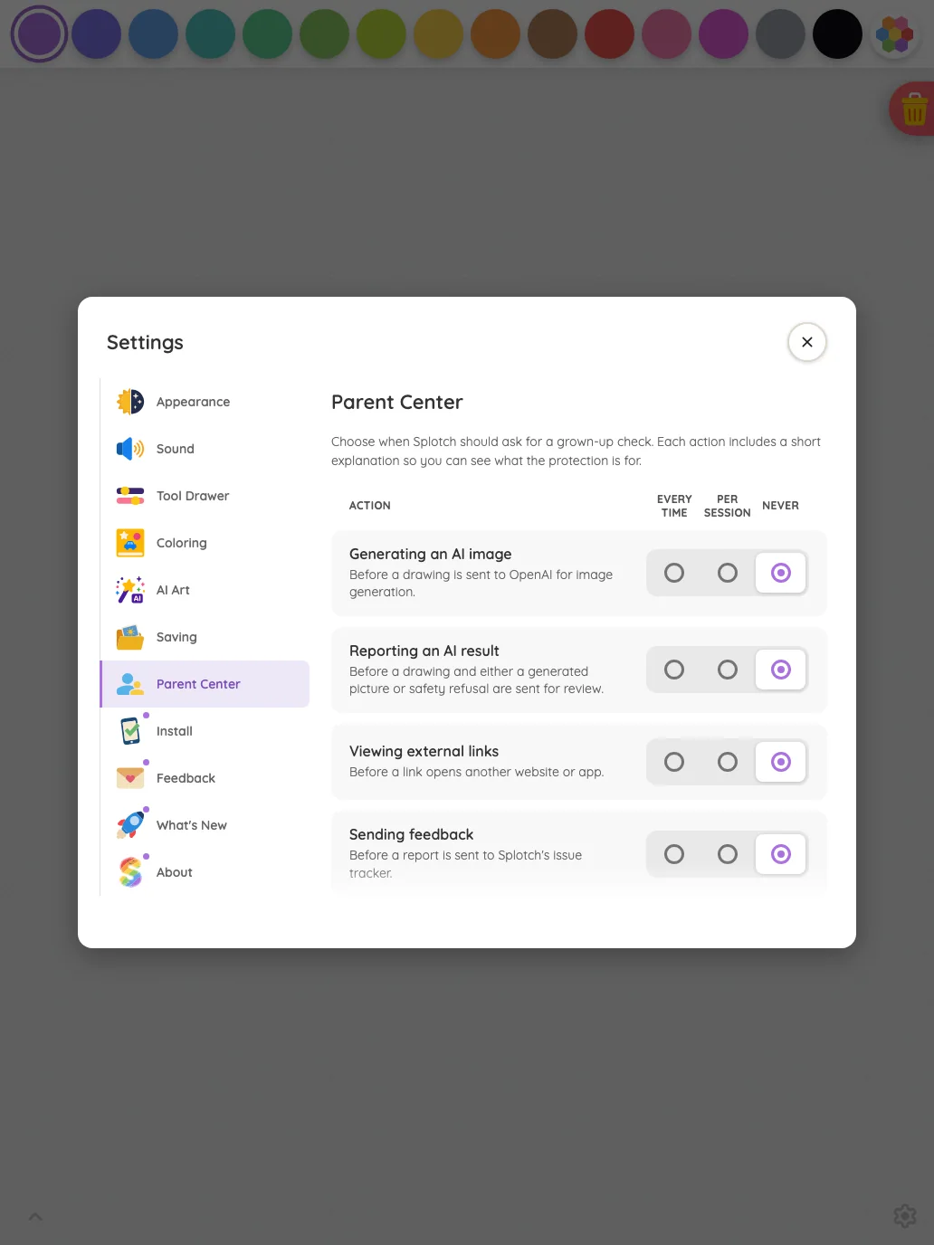 Settings · Parent Center in light mode at iPad Pro 13-inch (M4) in portrait
