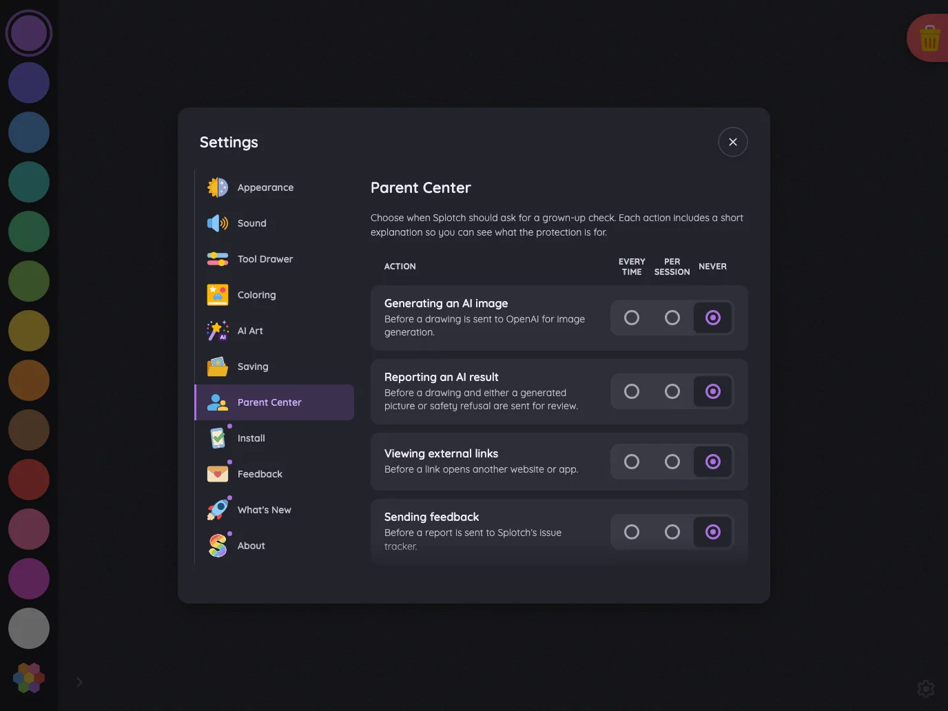 Settings · Parent Center in night mode at iPad Pro 13-inch (M4) in landscape