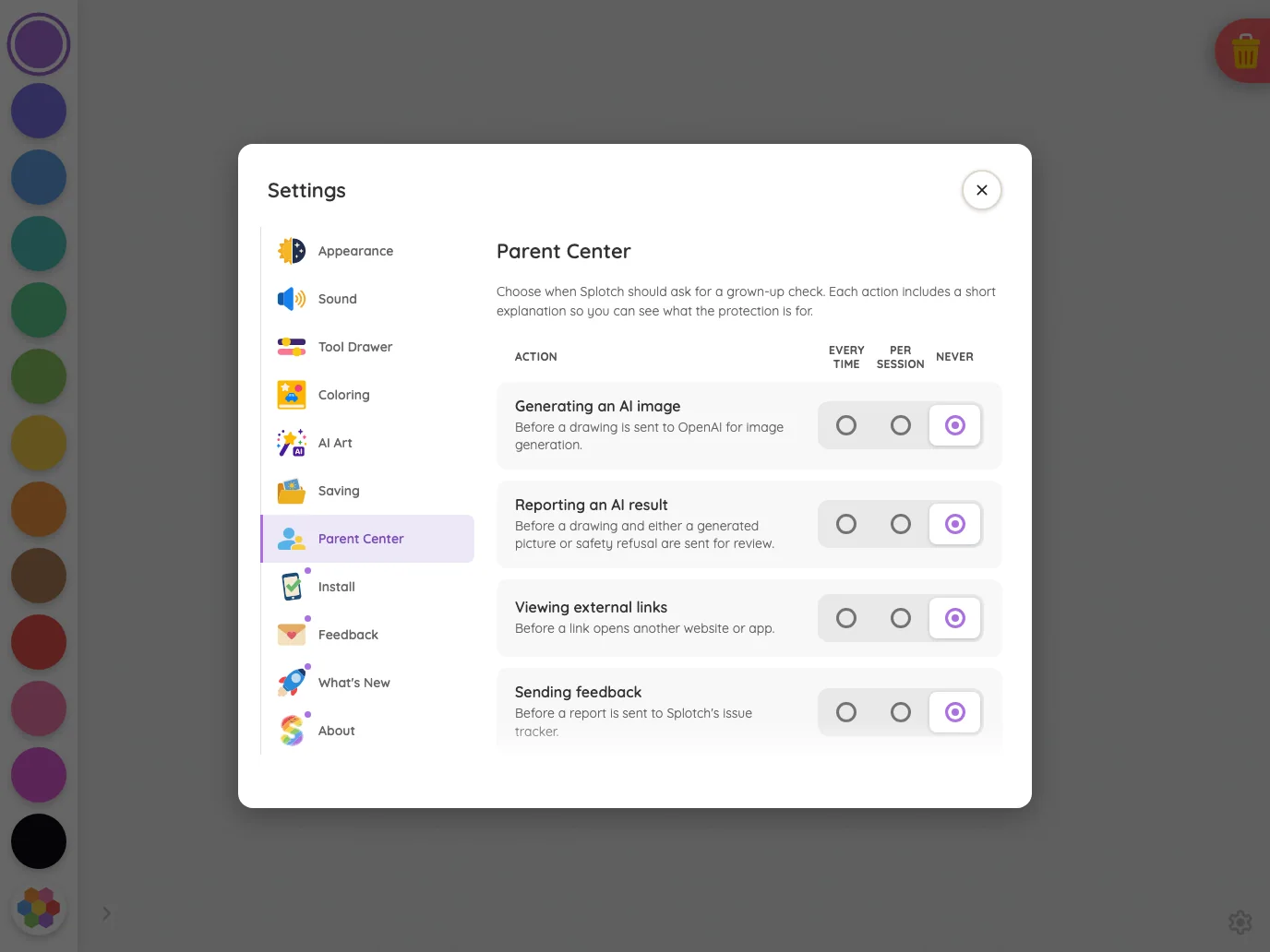 Settings · Parent Center in light mode at iPad Pro 13-inch (M4) in landscape