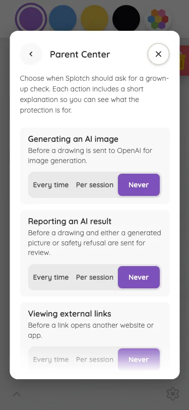 Settings · Parent Center in light mode at iPhone 13 mini in portrait