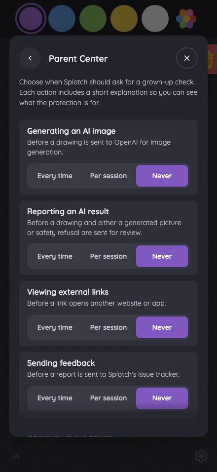 Settings · Parent Center in night mode at iPhone 16 Pro Max in portrait